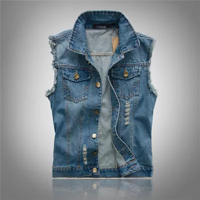 Men's Ripped Fashion Denim Sleeveless Vest Destroyed Biker Motorcycle Jacket New • $20.15