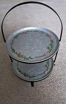 Two Tier Christmas Tart Cupcake Dessert Stand 2 Metal Plates Joy Peace Love • $14.95