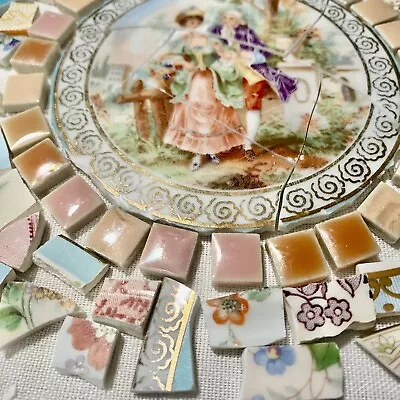 Broken China Plate Mosaic Tiles~ANTIQUE ROMANTIC COUPLE CENTER+ACCENT TILES • $18.89