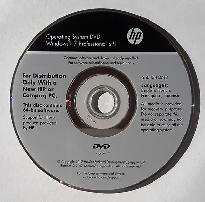 $34.99 • Buy MINT HP Compaq Windows 7 Professional SP1 Operating System DVD~ 64-Bit~ Recovery