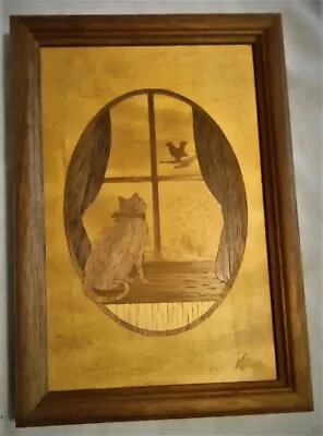 Vintage Hudson River Wood Inlay Framed Picture Window Cat Signed By Jeff Nelson • $36