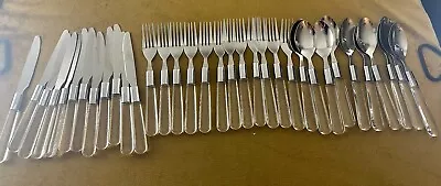 Vtg. Clear Plastic Handles Stainless Silverware MCM Retro Flatware Taiwan 35 Pc • $38.75