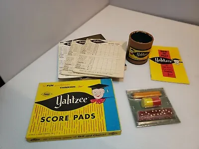 1956-1967 E.S Lowe Co Vintage 3 Yahtzee Score Pads Cup Manual Chips And Dice  • $20