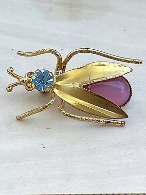 VTG Pink Cabochon Cats Eye & Prong Set Rhinestone Costume Jewelry Insect Brooch • $0.99