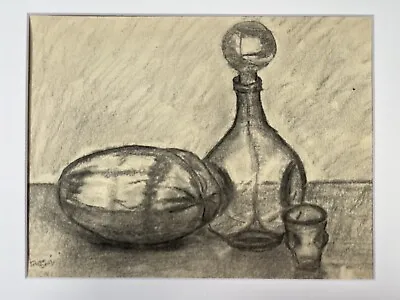 Vtg Post War Charcoal Drawing Still Life Folk Art Melon & Jar 11x14” • $21.12