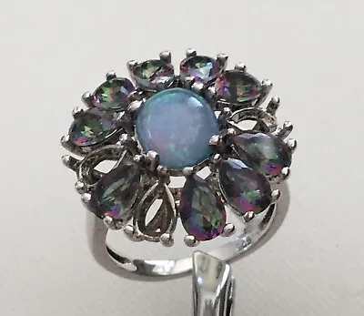 Awesome Floral Teardrop Mystic Topaz & Blue Opal 925 Sterling Silver Size 7 Ring • $32.95