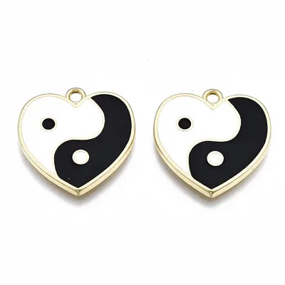 Enamel Yin Yang Heart Charms Black White 19mm E177 10pcs • £4.25