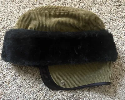 Kids Boys Vtg Olive Corduroy Black Faux Fur Ear Flaps Trapper Elmer Fudd Hat • $5.99