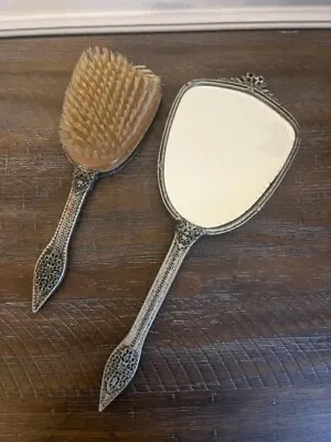 Antique Vintage Metal Floral Design Silver Vanity Mirror And Hair Brush Set Hand • $24.95