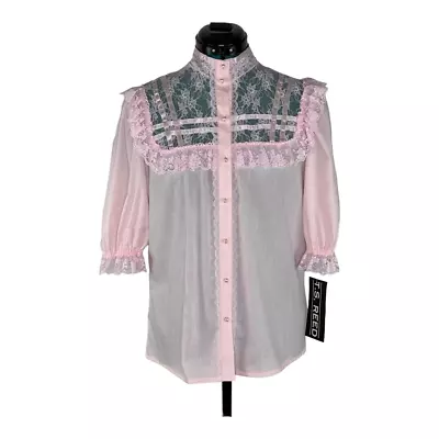 Vintage T.S. Reed Womens Button Up Shirt Pink Lace Ruffles Sleeves Boho 14 1980s • $38