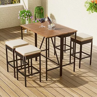 5PCS Patio Tall Dining Table Rattan Outdoor Furniture Set Acacia Wood Bar Table • $358.53