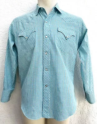 Vtg 50s Gingham Western Turquoise Cotton Shirt Ranchwear Pearl Snap 15.25”/32.5” • $20.45