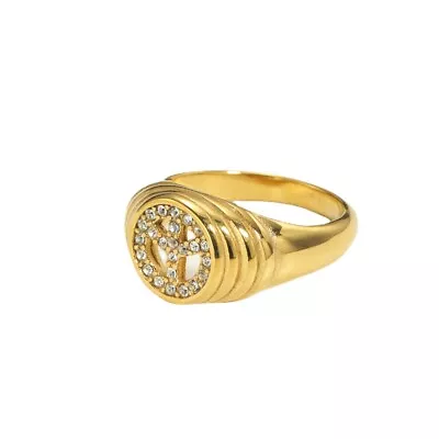 Fashion Jewelry 18K Gold Plated Stainless Steel Peace Sign Ring Size 6-13 • £12.41