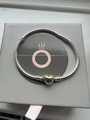Pandora Domed Golden Heart Clasp Silver Snake Chain Bracelet 19cm(599380C00) • £3.45
