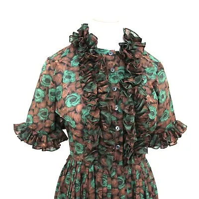 Vintage 1950s Day Dress Ruffles W/ Green Roses & Brown Leaves Bust 37   • $75