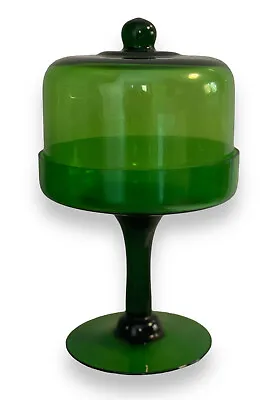 Green Glass Dome Pedestal Cake Stand Cupcake Plate With Lid 11”H X 6.5”W Vintage • $53