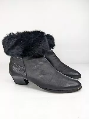 Size 8 Vintage 80s Ladies Black Zip Up Soft Leather Ankle Boots Fur Grunge Rock • $45