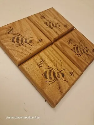 Handmade Oak Coasters Laser Engraved Bee Set Of 4 Coasters 10cm X 10cm • £14.99