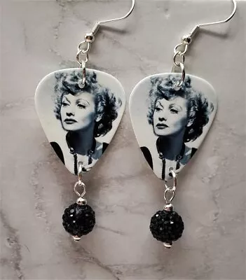 Lucille Lucy Ball Guitar Pick Earrings With Black Pave Bead Dangles • $6