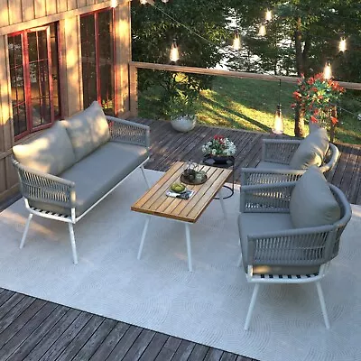 4-Piece Rope Patio Furniture Set Outdoor Conversation Table And Coushion Gray • $626.99