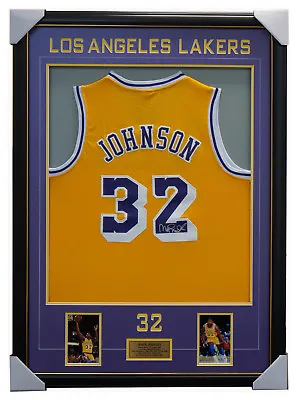 $995 • Buy Magic Johnson Signed Los Angeles Lakers Jersey Framed With Photos + COA