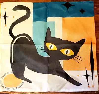 Mid Century Modern Black Cat Atomic StarBurst Art Pillow Case Decorative Square • $18.88