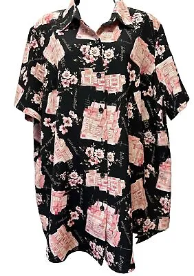 Maggie Barnes Women's 18W Black Top Pink Cherry Blossoms Short Sleeve Textured • $15.22