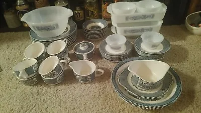 Vintage Mid Century Currier And Ives Ceramic Dinnerware 54 Pieces Setting For 8 • $172.49