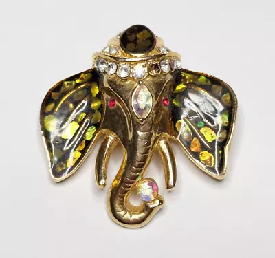 Vintage Glass Rhinestone Abalone Inlay Gold Tone Elephant Brooch Pin 2.25  • $19.99