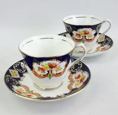 Salisbury China Derby Blue - 2x Tea Cups & Saucers - Hand Coloured Imari Vintage • £12