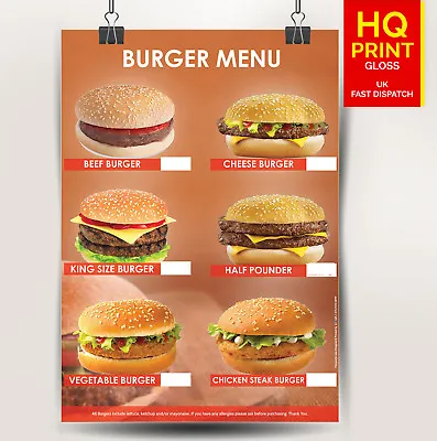 Burger Fast Food Menu Restaurant Takeaway Poster Print | A4 A3 A2 A1 Shop Poster • £19.99