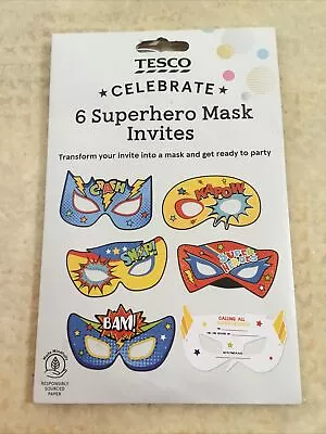 CELEBRATE - 6 X SUPERHERO MASK INVITES - TESCO - NEW AND SEALED - • £1