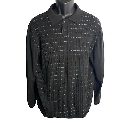 J Ferrar Knit Long Sleeve Polo Shirt L Black Textured Stripe Buttons Collar • $20