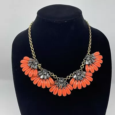 J Crew Statement Rhinestone Necklace Fringe Cha Cha Gold Tone Orange Black Fan • $26.99