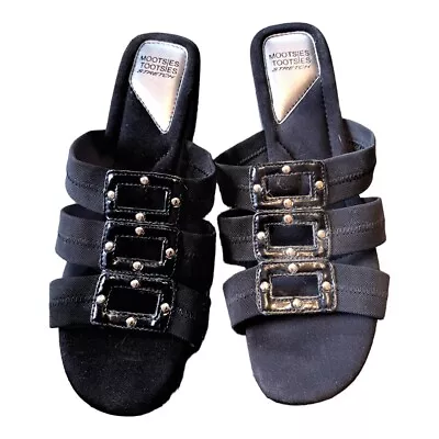 Mootsie Tootsies Stretch Fabric Black Wedge Heel Sandals Shoes Slides 10M • $8