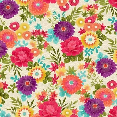 Japanese Fabric Makower 100% Cotton 112cm Wide Hikari Floral 2516/Q Cream • £7.16