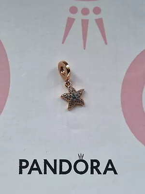 GENUINE PANDORA Sparkling Starfish Dangle Charm In Rose Gold - Ocean Blue    • £30