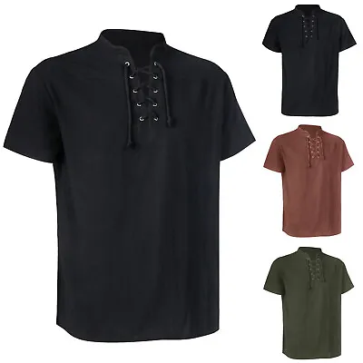 Mens Medieval Pirate Shirt Short Sleeve Viking V-Neck Renaissance Lace Up Tops • $20.12