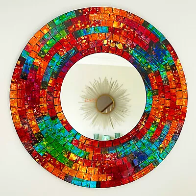 Round Mosaic Wall Mirror Orange Red Rainbow Glass Unique Handmade Craft Gift Art • £22.99