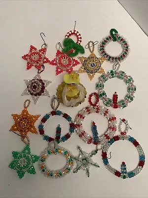 Lot 15 Vintage Plastic Beaded Christmas Ornaments Stars Snowflakes Angel Wreath • $13.64