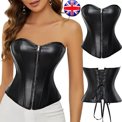 Gothic Women Lady Faux Leather Overbust Corset Top Zipper Basque Lace Up Bustier • £21.79