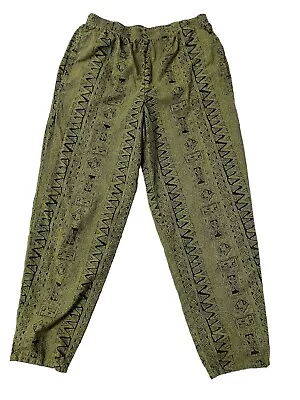 Vtg 80s 90s Pants Retro Festival Hippie Green Elastic Waist Geometric Graphic • $25.95
