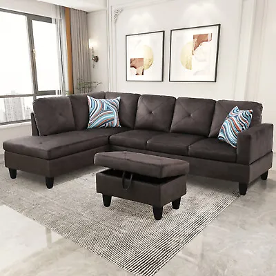 Modern Flannel Sectional Sofa Set L-Shaped Living Room Couch W/ Storage Ottoman • $651.69