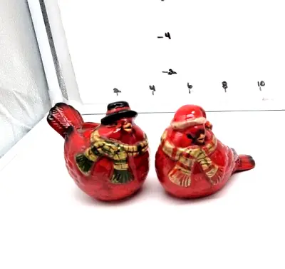 Ceramic 3 1/2  Snow Christmas Cardinal Donned In  Muffs And Scarf  Set Of 2 • $18.95