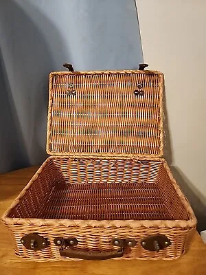 Vintage 1970s Woven Wicker Picnic Basket  Suitcase Style W/Handles Closures • $28.75
