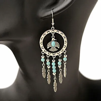 $15.74 • Buy 925 Sterling Silver Dream Catcher Turquoise Vintage 3.5  Dangle Drop Earrings