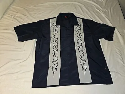 D Clothing Mens XXL Bowling Shirt Tribal Navy Blue Gray Stripes Button Up 90s  • $9.99