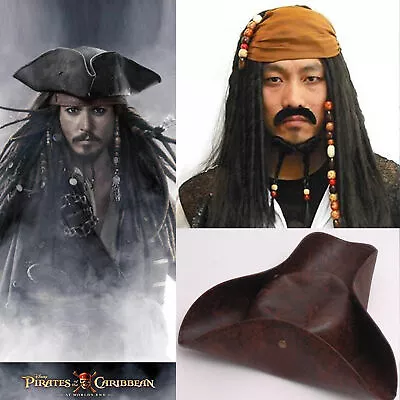Pirates Of The Caribbean Jack Sparrow Tri Corner Buccaneer Hat Wig Set • £41.98