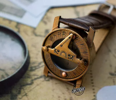 Antique Sundial Brown Leather Wrist Strap Sunclock Compass Steampunk Marine Watc • $18