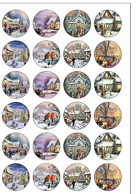 £1.99 • Buy 24 Precut 40mm Round Vintage Christmas Village Edible Wafer Paper Cake Toppers